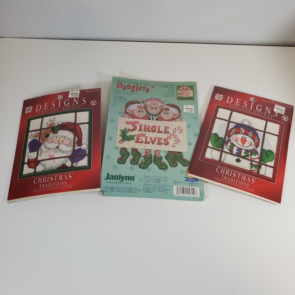 Christmas Lot 3 Cross Stitch Kits Janlynn Danglers Elves Designs Santa Snowman